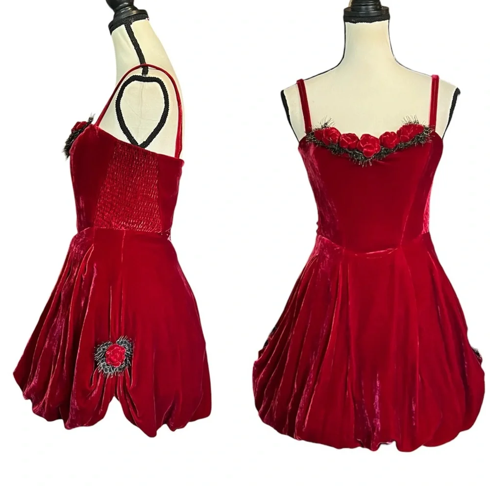 NWT Vintage Betsey Johnson Red Velvet Black Lace 3D Rose Cupcake Mini Dress - Picture 2 of 10